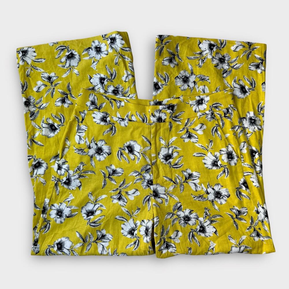 BANANA REPUBLIC NEW BOHO LINEN WIDE LEG FLORAL TROUSER PANTS YELLOW SIZE 14